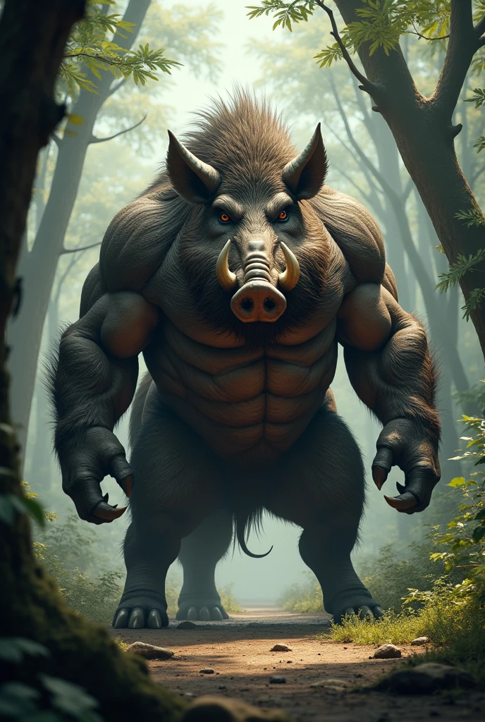 there is a very big boar with a big nose and big teeth, hyper realistic fantasy monster, realistic creature concept, Giant pig, by Artur Tarnowski, surreal hybrid animals, Vojtek FUS, Prehistoric Hell Pigs, creature concept art, Adam Marchinsky, anthropomorphic creature, Tadeusz Pruszkowski,photorealism,monster,ugly terrifying look,8k render,many small details,Ferocious view,fangs, wool,