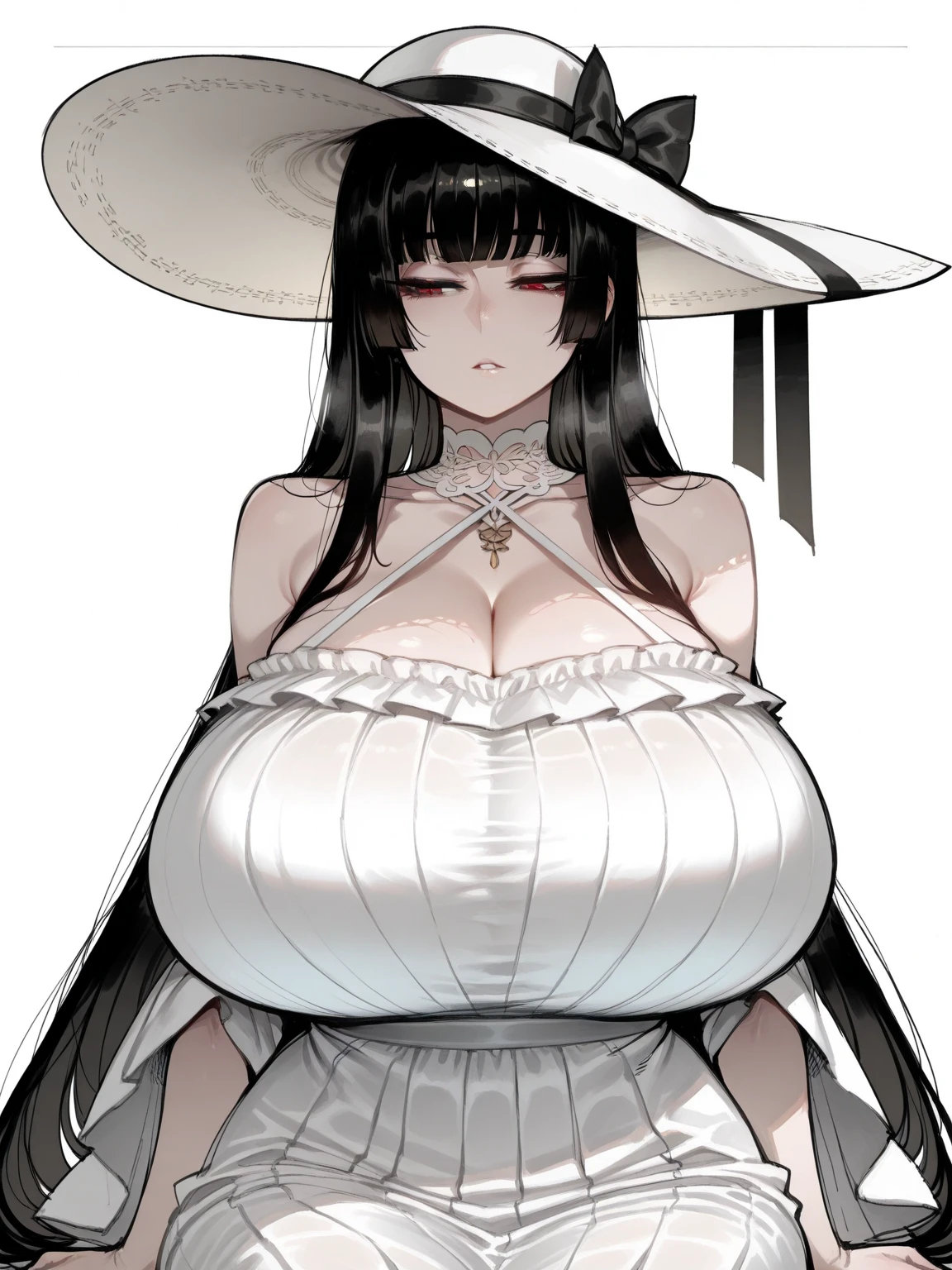 upper body, tall female, gigantic breasts, night, cityscape, pale skin, hair over one eye, red eyes, white sun hat, white dress, hasshaku-sama, <lora:ConceptionPlus:0.6>, <lora:Hasshakusama-10:0.6>