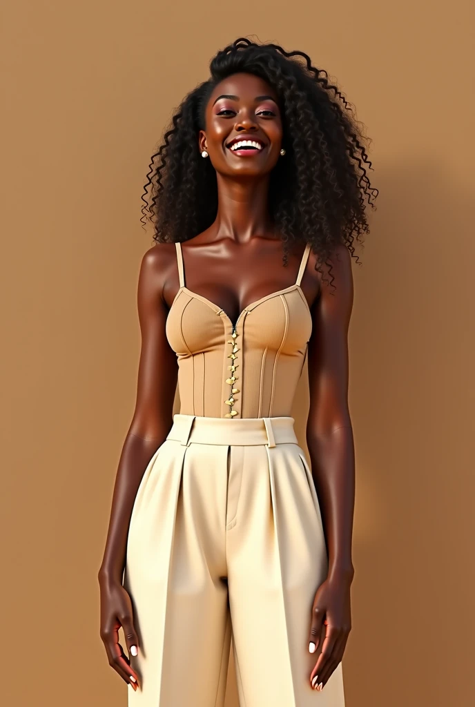 black high school girl with hair in a clean bun wearing sexy business top showing cleavage and khaki pants suit showing butt off