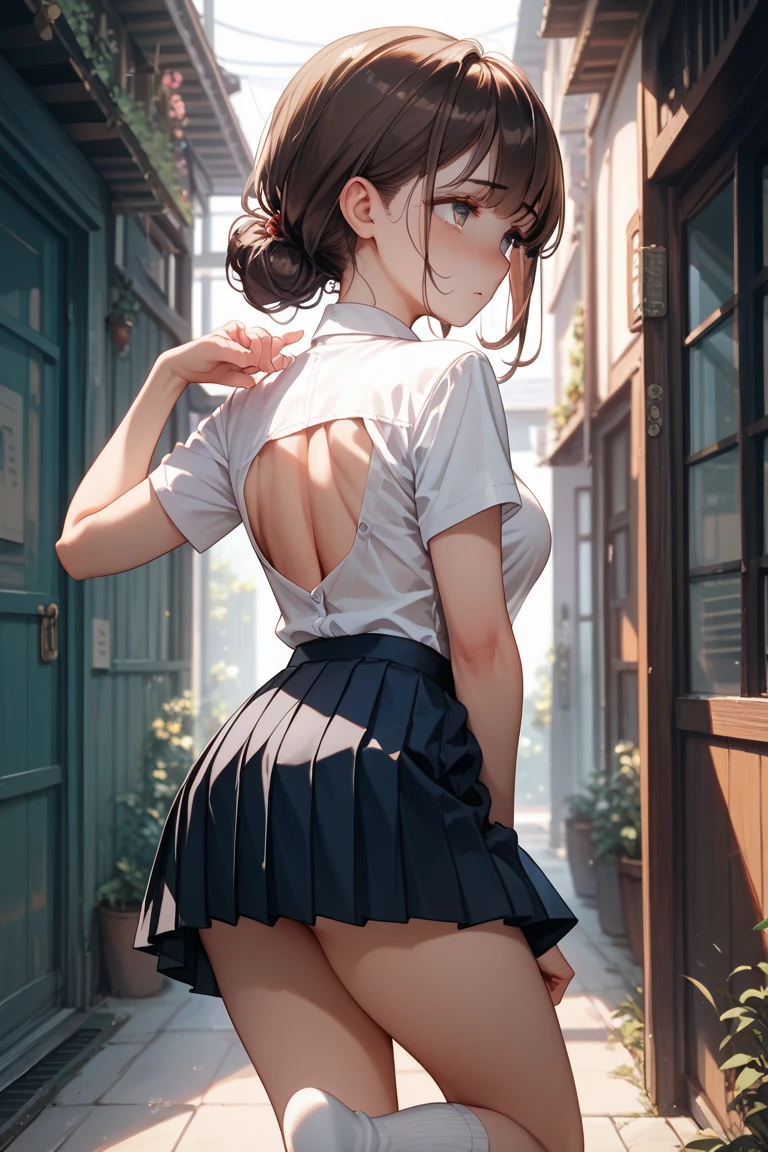 (master part), short hair, 1girl, cabelos floofy, curly hair, brat, Tsundere, slirt curto, high-school uniform, da escola, amarrar, Embarrassed, Corar, trembling mouth, (irritado), from behind, cabelo rosa, Olhando para o Viewer, Outside, mochila, Panties, sexy
