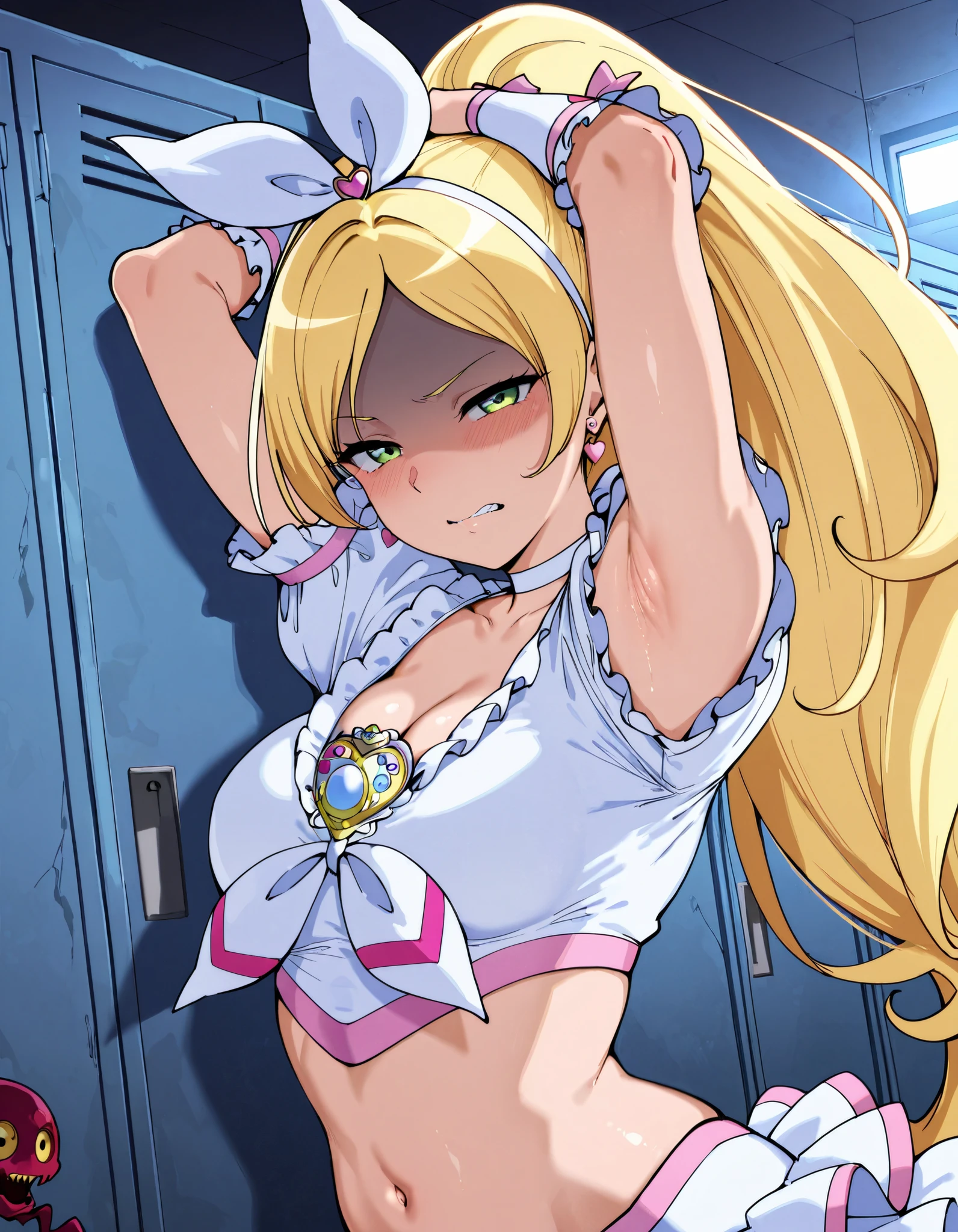 anime coloring, cure rhythm,green eyes, wide ponytail, sleevelesss, brooch, heart earrings, ribbon, arm warmers, cleavage, navel,
,BREAK, armpit, arm over head, left arm over head. focus on armpit,
grossed out、yuck、 gross, shaded face, ,blush, (narrowed eyes:1.2),\(troubled eyeblows:1.5\), disdaining , (dissapointed:1.1),(clenched teeth), look down at viewer, masterpiece,absurderes, beautiful detailed face,
BREAK, masterpiece,absurderes, beautiful detailed face,(masutepiece:1.2), Best Quality, High resolution, Unity 8k wallpaper, (Illustration:0.8), (Beautiful detailed eyes:1.6), extra detailed face, Perfect Lighting, extremely details CG, (Perfect hands, Perfect Anatomy)
,BREAK,Alp,
,looking at viewer, glare at viewer,
from side,show armpit from short sleeves,
((masutepiece,hight resolution)), masutepiece, Best Quality, , absurderes, Perfect Skin, Detailed skin texture, ultra-detailliert, 8K, Intricate details, beautifull detailed face,hight resolution, 1girl ,from front,
indoors,locker room