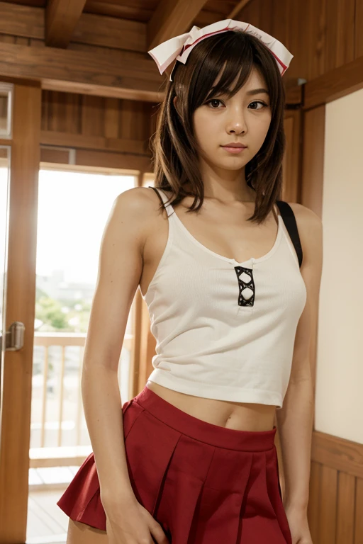 (8K、top-quality、​masterpiece:1.2)、(reallistic、Photorealsitic:1.37)、The ultra -The high-definition、
Final Fantasy VII remake Tifa Lockhart on a date in a detailed portrait of her sitting in a café with every detail of the cityscape、 Float on a tank top、Beautiful eyes and blushing nose with attention to detail、Looks cute and solo。She has a single elbow pad、Ankle Boots、a black skirt、Black Sai Hai、Red boots、And elbow gloves、elbow pad、I wear fingerless gloves。Her costume includes、Sportsbra、Suspender Skirt、Thigh、Includes white tank top。You can see your whole body with your head in your hands、a Pretty face、long hair tied up low、Showing lips。Scenes are professionally lit、photon maping、Illuminated by Radiosity、Tetsuya Nomura style creates a cyberfuturistic atmosphere。You can see white panties with knees upright in a super mini skirt、The background features yellow flowers and a bokeh effect。Tifa closes her mouth with a small smile。