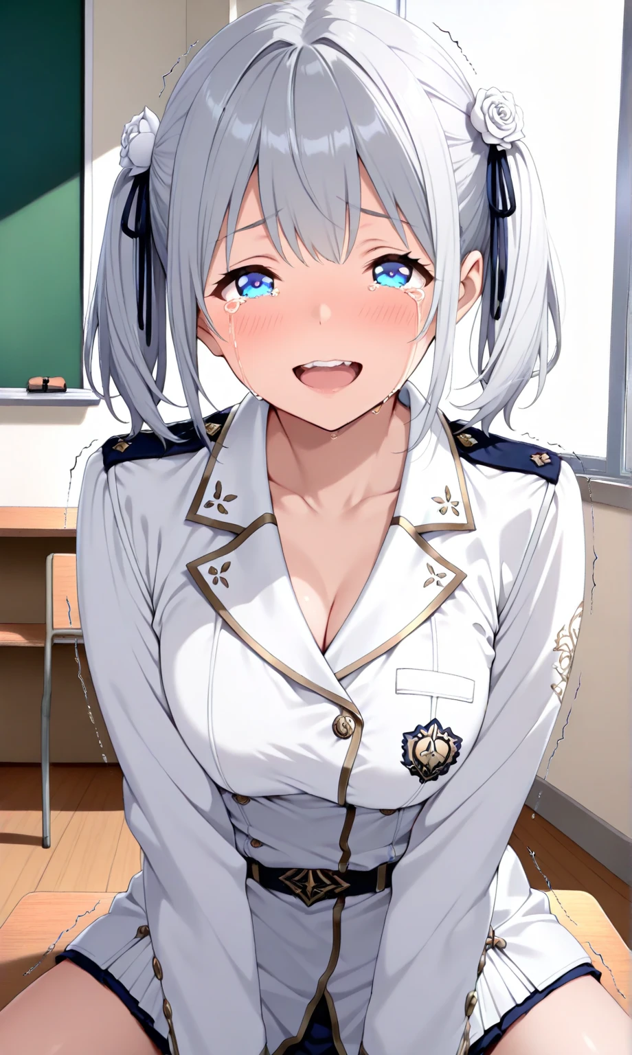 (high resolution:1.3), (16k, Detailed Images),  A girl trying to take off her uniform in the classroom、Nipples、Gray Hair、long hair