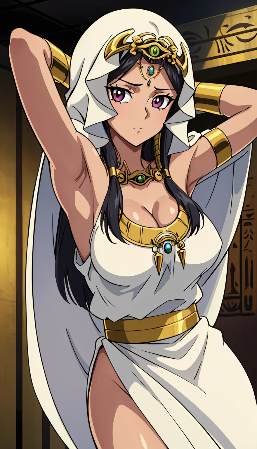 muste piece, best quality,1 girl,close your mouth, eye of horus, brown skin woman, solo, long hair, black hair、white hood, eyes are blue, Jewelry is, Generally poor breasts, one piece, Egyptian, There is a cleavage in the chest,(ticker:0.6)、tits、NSFW、beautiful girl with beautiful details, very cute, beautiful girl with beautiful details, professional photography lighting, highly detailed eyes and face, eyes with beautiful details、beautiful detailed hair, beautiful detailed cold face、full body shot、anime、mature woman、((Composition from the front))、((both armpits、fold your arms behind your head))