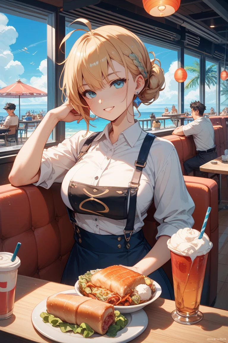 German blonde woman sitting in cafe and has very big breasts, the breasts are on the table and on her breasts is a plate of food