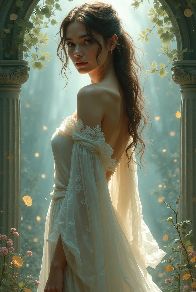 In the city of heaven, a magical place with marble columns, flowers and lake a gorgeous woman angel, beautiful face, banished to the earth, []| (full body)|HIGHLY detailed face, golden blond hair, transparent ethereal drees, magnificent winds hyperrealism| HDR, SMOOTH, SHARP FOCUS, IN THE STYLE OF EMITTING DIODES, BY PASCAL BLANCHE RUTKOWSKI, REPIN ARTSTATION, HYPERREALISM,, PAINTING, CONCEPT ARTOF DETAILED CHARACTER, DESIGN MATTE PAINTING, 4K RESOLUTION BLADERUNNER, highly detailed| intricate detailed| volumetric lighting| , perfect composition, beautiful detailed intricate insanely detailed octane render trending on artstation, 8 k artistic photography, photorealistic concept art, soft natural volumetric cinematic perfect light, chiaroscuro, award - winning photograph, masterpiece, oil on canvas, raphael, caravaggio, greg rutkowski,PROFESSIONAL PHOTOGRAPHY, FULL IMAGE, full lengtH, PHOTO-REALISTIC,