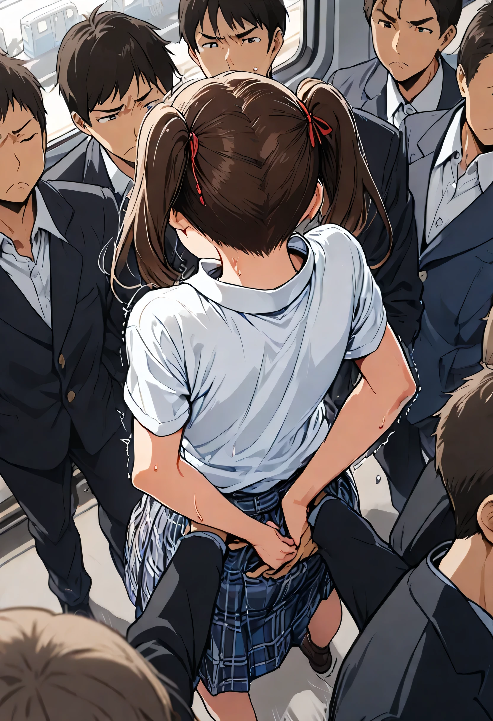 13 old, japanese school girl,dark brown hair,twintail,hair pin, at train ,perfect body,easy-going face,White shirt blouse,sweaty, plaid skirt,trouble,twin tail, blush、molested, anatomically correct, Japanese sound effects, Crowded trains, heavy crowds, blushing, disgust, Anatomically correct depiction of details, can't move in the crowd, one scene, Convulsions, trembling, school bag,perfect ass, one cut, Angle of view looking down from above, All around me are men,one cut,ass and breats grab,chikan,encoxada,lifting skirt,standing doggy, Grabbing own ass Legs apart, grab ass(a boy,grabbing from behind:1.5),back,(frown:1.2),molest,(((rating_safe))),back view,