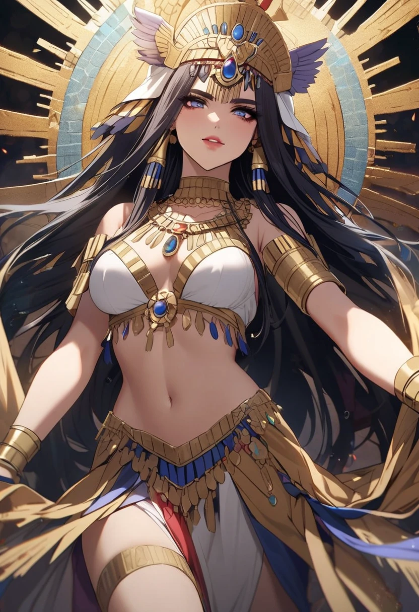 Egyptian sorceress, dark skin, gril 15 years old, long messy brown hair, silver decorations, brown eyes, white and gold Egyptian clothing, dark gold vest with silver snake print, gold belt, dark gold pants, gold pendant with Egyptian symbol Egyptian with pink rose quartz gems, gold rings on both hands, slim build, base of an Egyptian pyramid, pyramid,