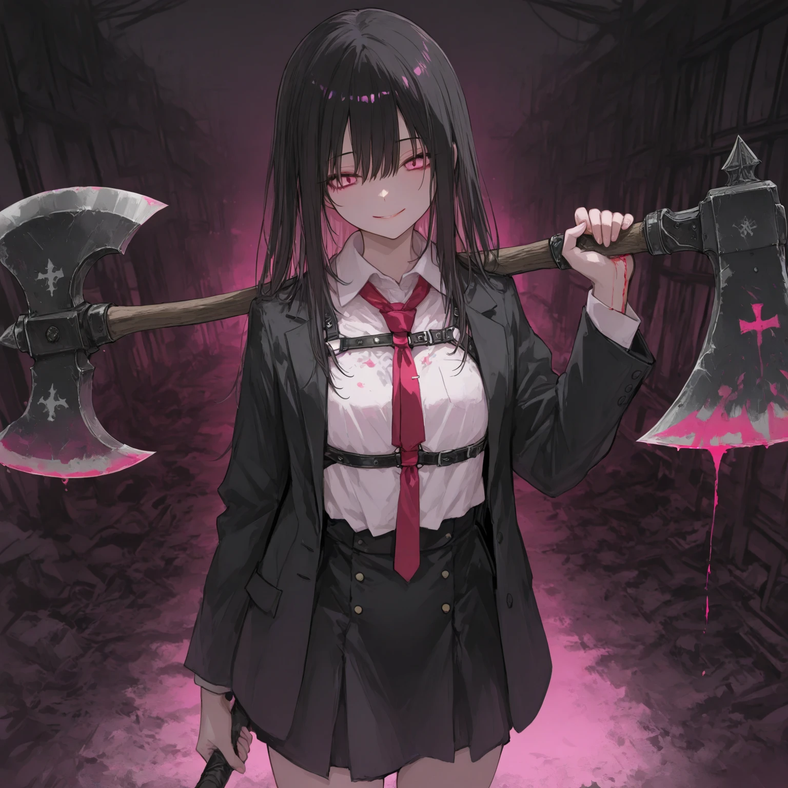 ((blood droplets)), ((blood)), ((blood splatter)), ((blood on clothes)) ((blood stain)), masterpiece, Superior image quality, High resolution, 4k image,photo and gross, photorealistic, whole body, distant view, 1 young man of 15 years, {{{vagina}}}, big breasts, beautiful face, long black hair, black eyes, very detailed eyes, pink cheeks, serious expression, choker:1.6, (white collar button down long sleeve shirt), black gloves, gloves that cover hands, (holding an ax in the right hand), (black leather corset), (shiny black miniskirt), Sensual Lips, show details in the eyes, View from the front, looking at the viewer, standing in a dark room, at night, crimson sky,