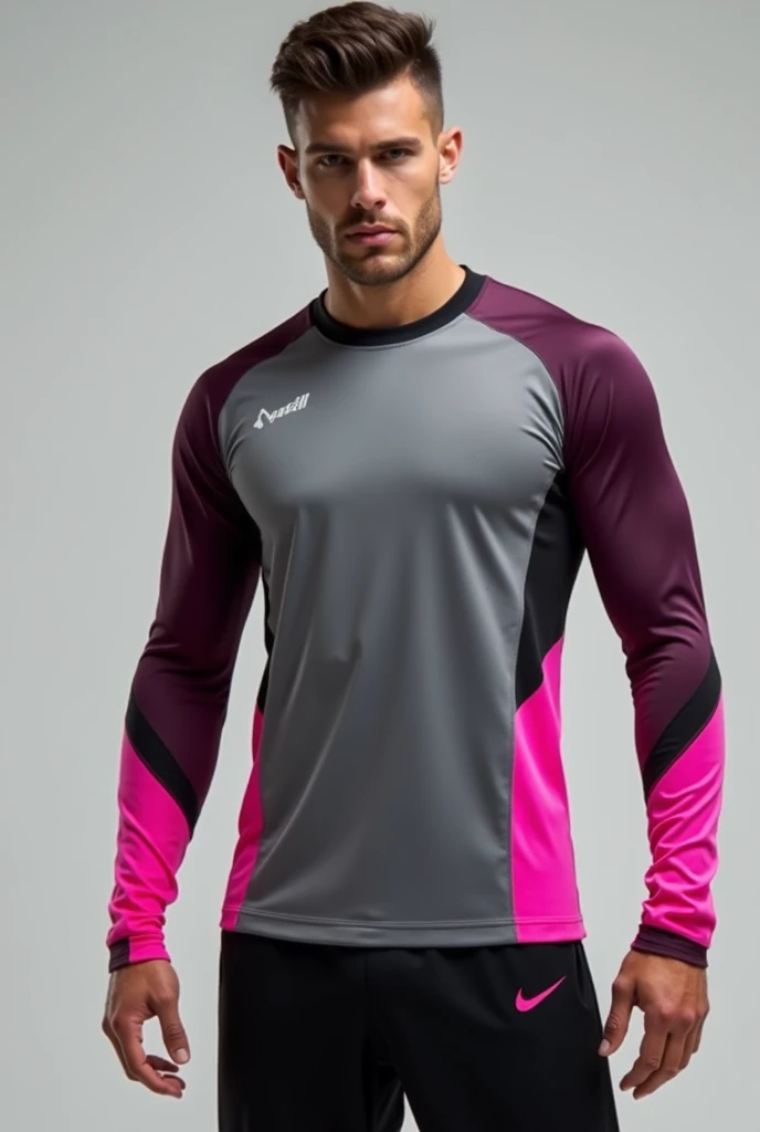 Futsal uniform design for a goalkeeper in black and burgundy Make it long sleeve It would be nice if the shirt had more details and you could show it to me from the front Same but now instead of burgundy, fuchsia gradient The sleeve that is part of the shirt
