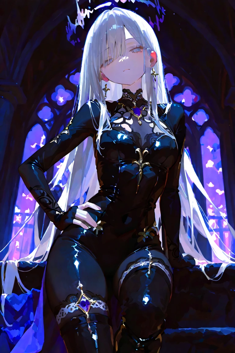 super high image, super detail, super high resolution, portrait, beautiful and stylish light blonde hair woman, wearing a mask, black leather long coat no shirt, black leather slim pants, black engineer boots, grim reaper's scythe, holofilm, translucent, iridescent, background fantasy, galaxy, magic circle, kaleidoscope, give off rainbow and gold neon light many lines radially from floor and ceiling, professional lighting