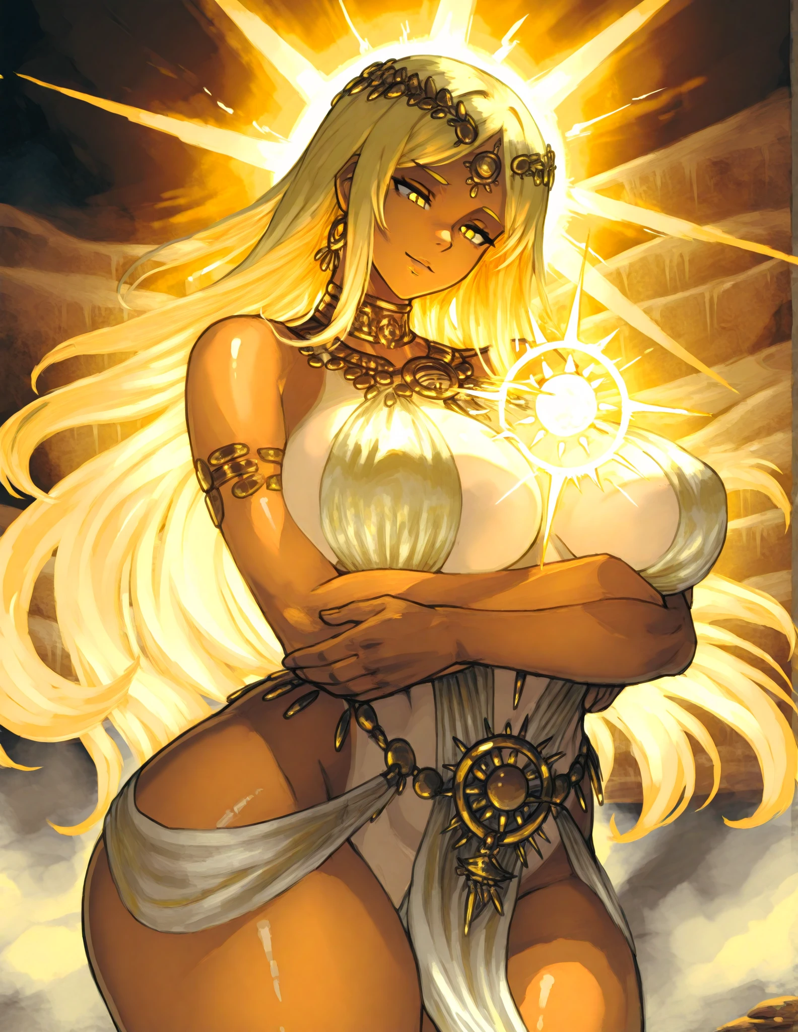 The Goddess of the Sun, dark skinned, full lips, tall, elegant, huge breasts