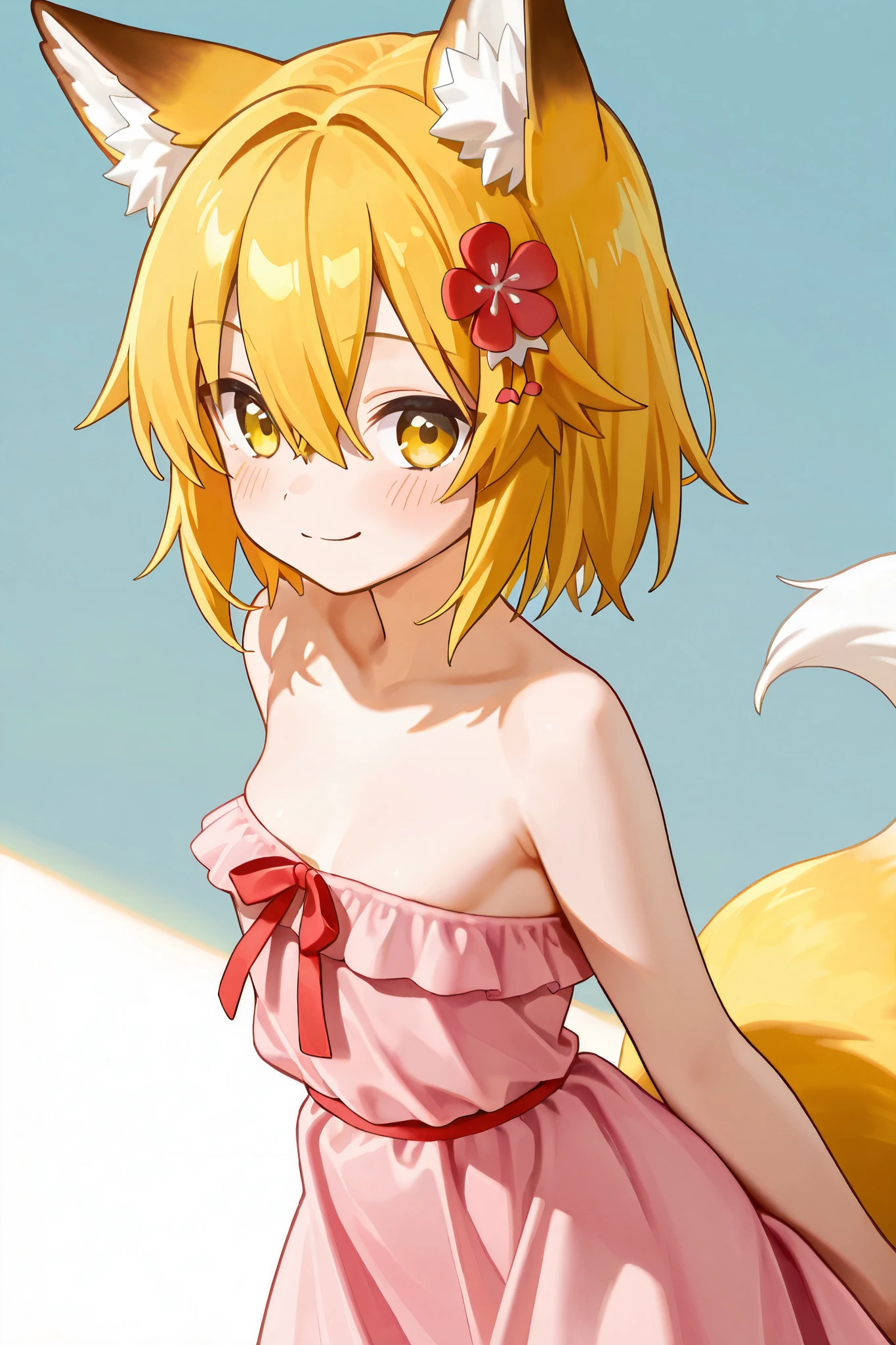 NSFW,masterpiece,best quality,high resolution,very detailed,Fairy Fox\(世話やきキツネのFairy Foxさん\),short hair,bungs、golden hair、hair ornament、 Beast Ears、hair between eyes、yellow eyes、flower、髪のflower、 Beast Earsの綿毛、fox ears、赤いflower、Fox Girl,strapless ruffle dress