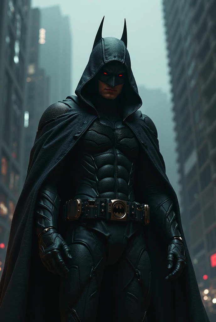((best quality)), ((masterpiece)), ((ultra realistic)), ((dynamic action pose)), ((gloomy night time)), professional intricately detailed award winning full body portfolio photograph, batman standing on a gothic cathedral rooftop with his black cape billowing in the wind, detailed eyes, wearing an intricately detailed advanced hi-tech armored batsuit, overlooking Gotham city, dark moody cinematic lighting, raining, reflections, glossy, highly detailed, ((close up full body portrait)), professional, realistic, roughness, ultra realistic, photographed on a Canon EOS R5, 50mm lens, muted colors, F/2.8, HDR, 8k resolution, highres, high detail, sharp focus, smooth, roughness, real life, photorealism, photography, 8k uhd, cinematic film still from (the dark knight:0.8)|(batman v superman:0.7)|(arkham knight:0.9)