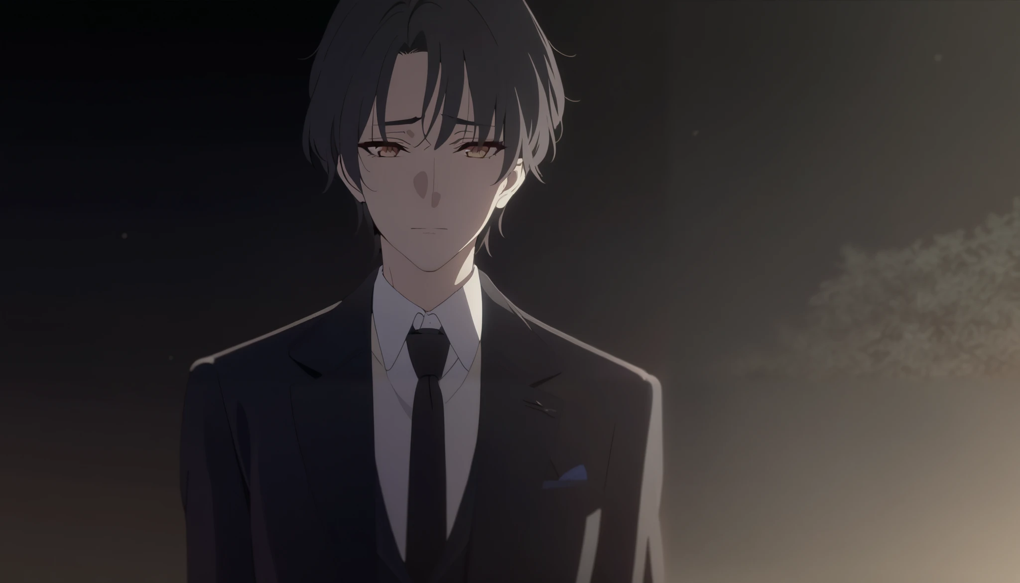 masterpiece, best quality, solo, 1boy, mature, black hair, short hair, orange eye, formal suit, standing, looking at viewer, faint smile, somber, black background, black background only