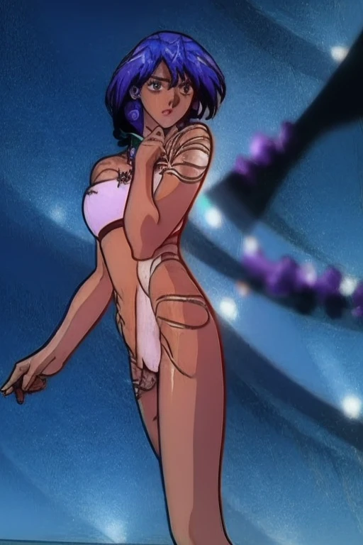 The woman is covered with a quilt,Close-up of lying on bed, Purple colored hair, red eyes,anime style beautiful woman, Lie down in bed,anime《Fantasma na Concha》Curly, kusanagi motoko, kusanagi, Blow blow, Ghost in the Shell movie scene, levi black lagoon, Ghost in the Shell style, bared chest, Fantasma na Concha, Inspired by Morikage Hisumi
