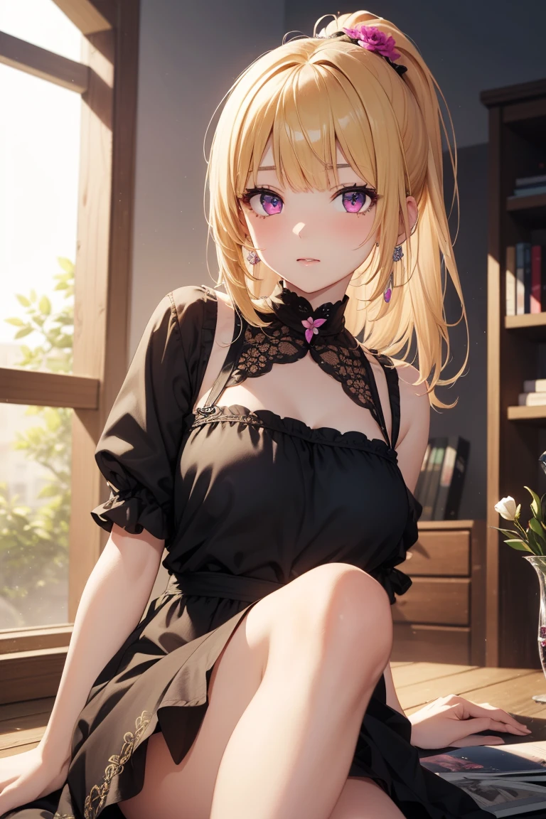 1 chica, Marin Kitagawa, pelo largo, Pelo rubio, ojos rojos, drilling, pendientes, ear drilling, stud pendientes, gargantilla negra, black lingerie , scrunchie for wrist, long nails, some roses, nail art, (Obra maestra:1.2), high resolution, Mejor calidad, 8K, muy claro,