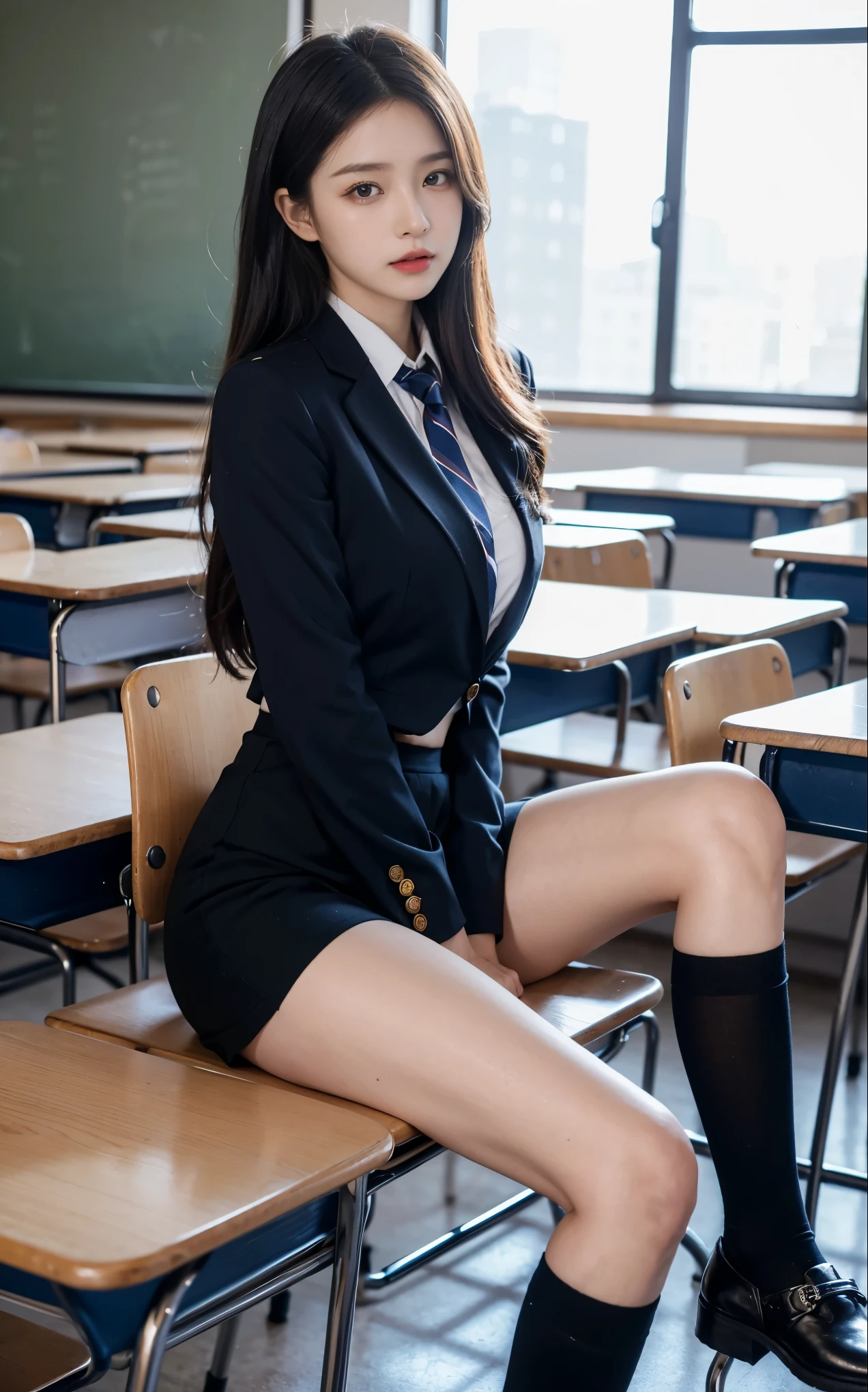 beautiful and delicate girl, very detailed eyes and face, beautiful detailed eyes, huge file size, very detailed, high resolution, very detailed, best quality, masterpiece, (((school classroom)), (((simple blazer))), (((pleated skirt))), (((The skirt and tie pattern is a check pattern..:1.3))), very detailed, CG, 8K wallpapers, amazing, fine details, masterpiece, ((best quality)), very detailed CG uniform 8K wallpapers, my face shines, cinematic lighting, 1 woman, 16 years old, (((dynamic pose))), (camel toe), (half), ((pantyhose)), ((Sit with your knees bent and your legs crossed..)), ((whole body))