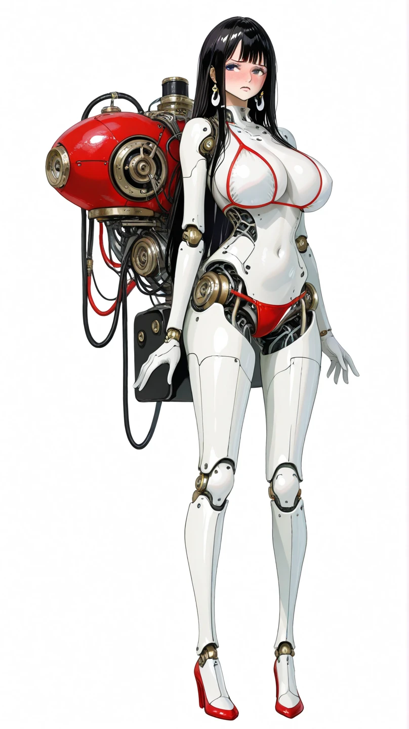in a factory on the assembly line, (dissection:1.3) of a (machine:1.4) girl with white hair and beautiful detailed red eyes, the (cyborg:1.3) (futanari:1.2) has a (mechanical (heart:1.1):1.1) and a (dirty face:1.2), with exposed (wires and tubes:1.2), internal (mechanical:1.2) parts exposed, intricate circuitry, (full body:0.8) portrait, best quality, high quality, absurdres, highres, intricate detail, professional photography, telephoto lens, (erect penis:1.2) with detailed frenulum and glans, white and red body armor, (wearing a gas mask:0.7), holding a dildo, chromatic aberration, depth of field, soft lighting, tone mapped, highly detailed, artstation, concept art, smooth, sharp focus, dramatic lighting, highly detailed artwork, cinematic, trending on Artstation, 8K, incredible shadows, (highly detailed background:1.0)