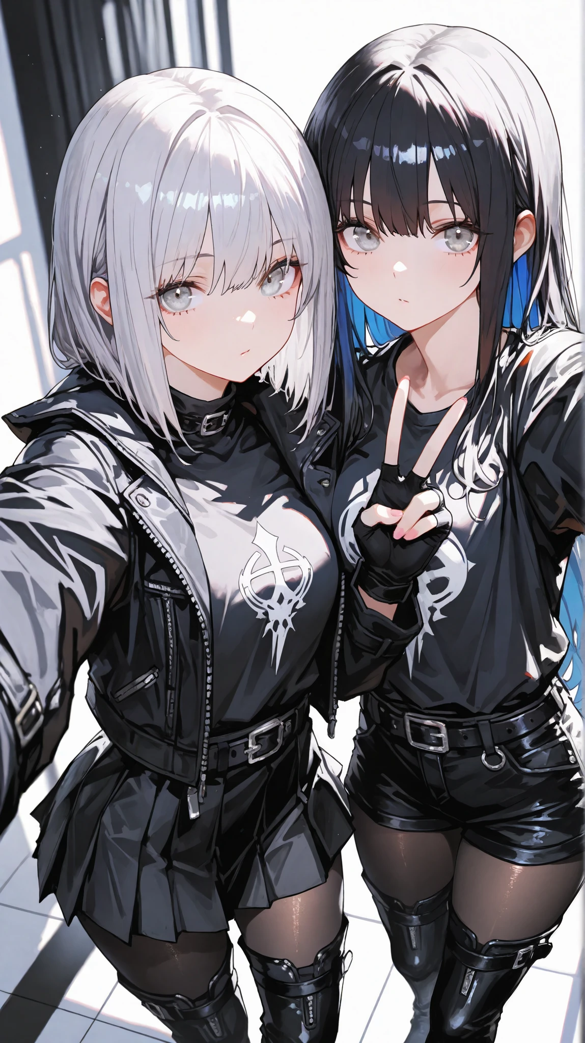 2girls,(BRAKE the first girl: bob hair, silver hair,silver eyes),(BRAKE the second girl: long hair,black hair,silver eyes),(EyesHD:1.2), masterpiece, best quality, ultra-detailed, very aesthetic, sharp focus, depth of field, vibrant colors, ray tracing, best lighting, detailed illustration, detailed background, cinematic,look at viewer, from above, ,black shirt, jacket, shirt, long sleeves,  belt, black skirt, black jacket, black thigh boots,(black tights), gloves ,fingerless gloves, black shorts, black belt,peace,selfie,