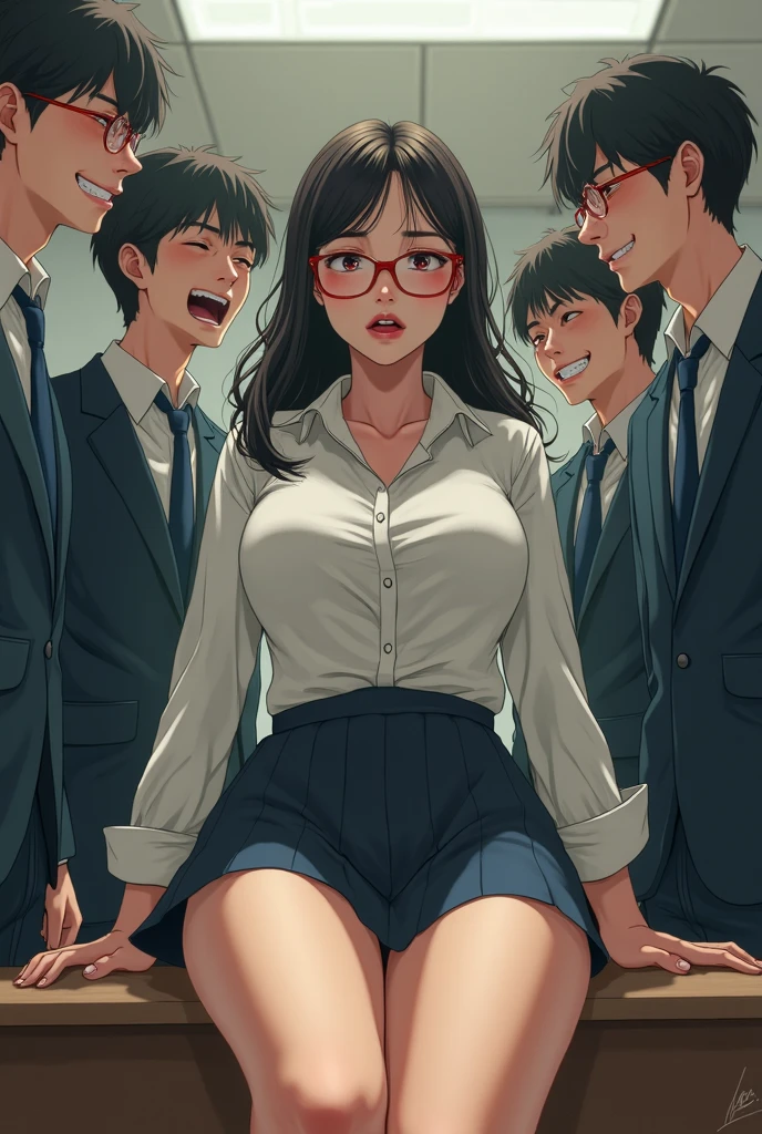 Uma professora de 40 anos, wearing glasses, (surrounded by a dozen children:1.4), lente da parte superior do corpo,Feliz1girl, (torso grab:1.2), :o, pov hands, pleated skirt, white shirt, spread legs, panties, deep skin, large hands,, masterpiece, best quality, highly detailed