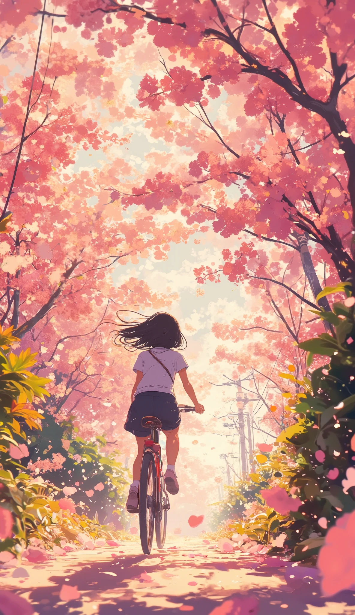An anime-style illustration of a girl running through a cherry blossom tunnel on a bicycle,An anime-style illustration of a girl running through a cherry blossom tunnel {x} A warm pink glow through the path drops,A gentle breeze blows and countless cherry blossom blizzards dance fantastically,The girl's hair snores in the wind,shot from behind,emphasizes the sense of speed and dynamism with a higher angle,background is slightly blurred,Cinematic and nostalgic,captures a moment of spring full of energy