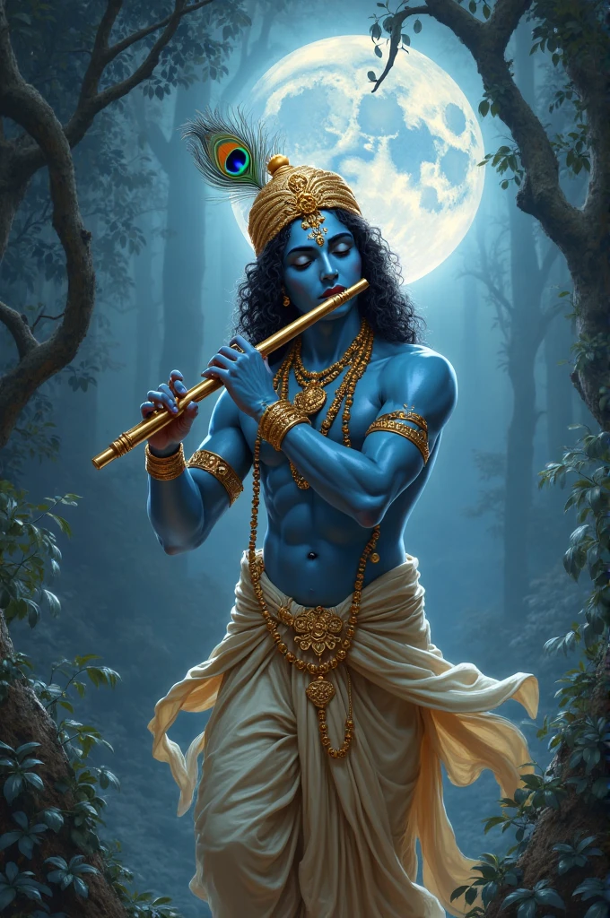Krishna with his hand holding a flute and in another hand Sudarshan chakra. A peacock feather is in hands. The entire things is in black background. Only the outline of the body is seen which is radiating flame. The entire picture shows divinity. He has a smile that confronts others. He is in sitting position under a tree. On his other hand in a finger there is a spinning chakra