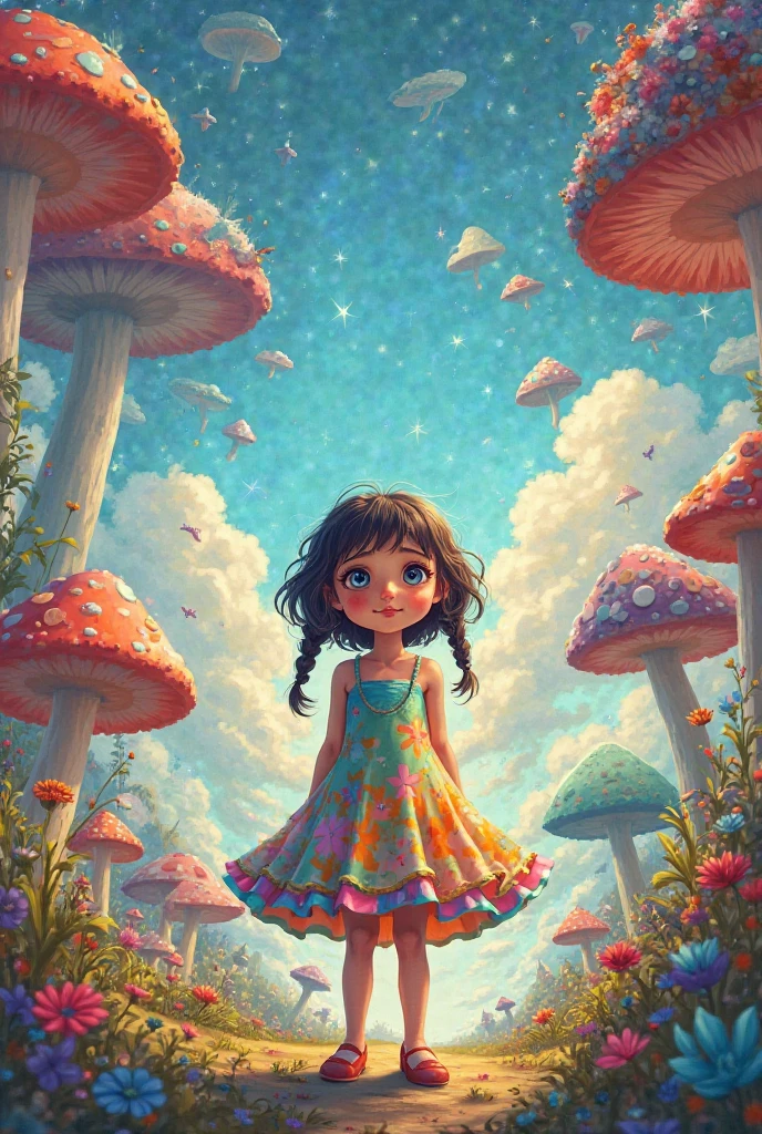 Fine art, Oil, highest quality, A dark tale, A Van Gogh-style port town, (Peepland:1.2)、Starry Sky, mushroom、mushroom、and Mumford, Andy Kehoe, 2D, flat, cute, Adorable, Vintage Art, Art on cracked paper, patchwork, Stained glass, fairy tale, Detailed illustrations from a picture book, Academy Award Winner, Very detailed, Finer details, Beautiful details, Mysterious, Luminism, Vibrant colors, Complex background,Young Girl