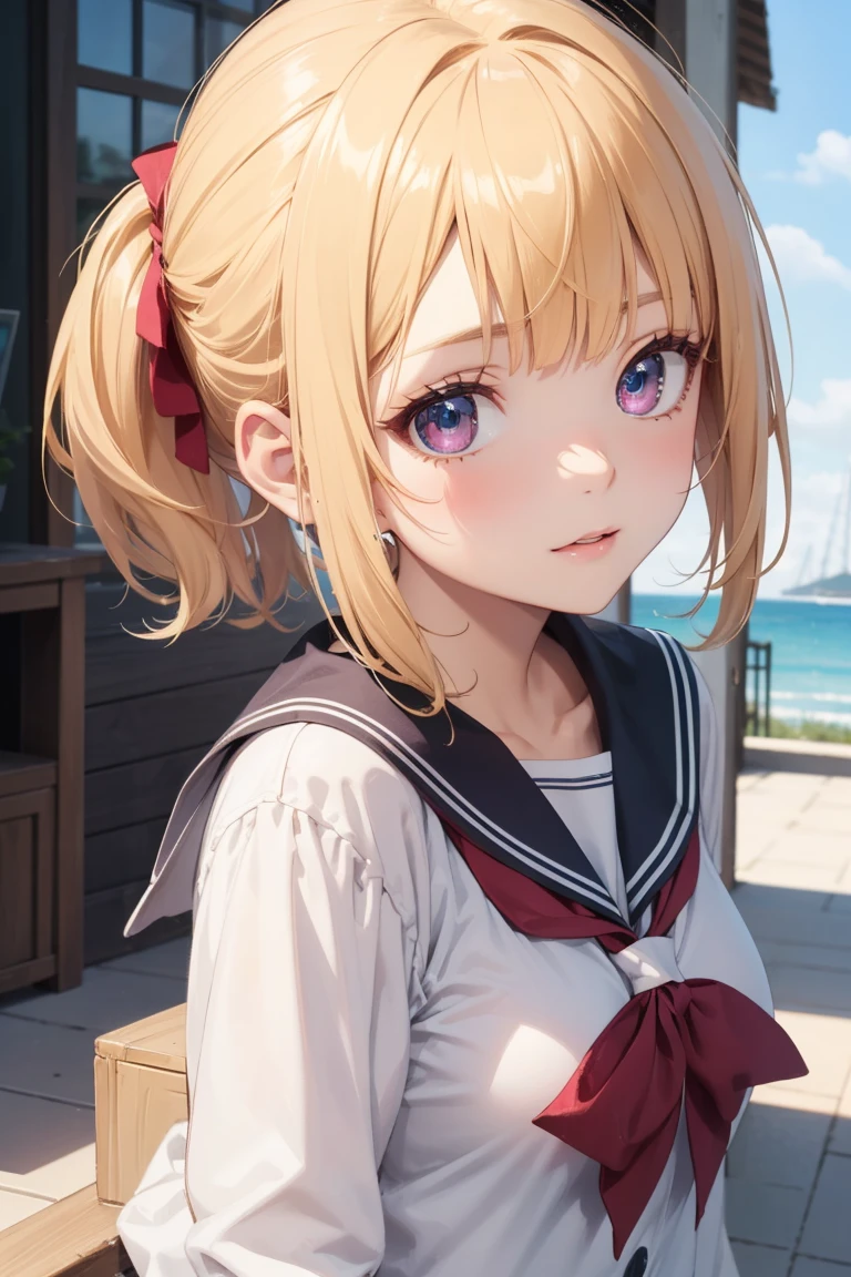 (of the highest quality, 4k, masterpiece :1.3), beautiful woman, 1 girl, (chest, attractive body :1.2), JK:1.1, for the.white : 1.1, twin tails, sailor suit, Super detailed face, lip details, crimson eyes, double eyelid, smile,