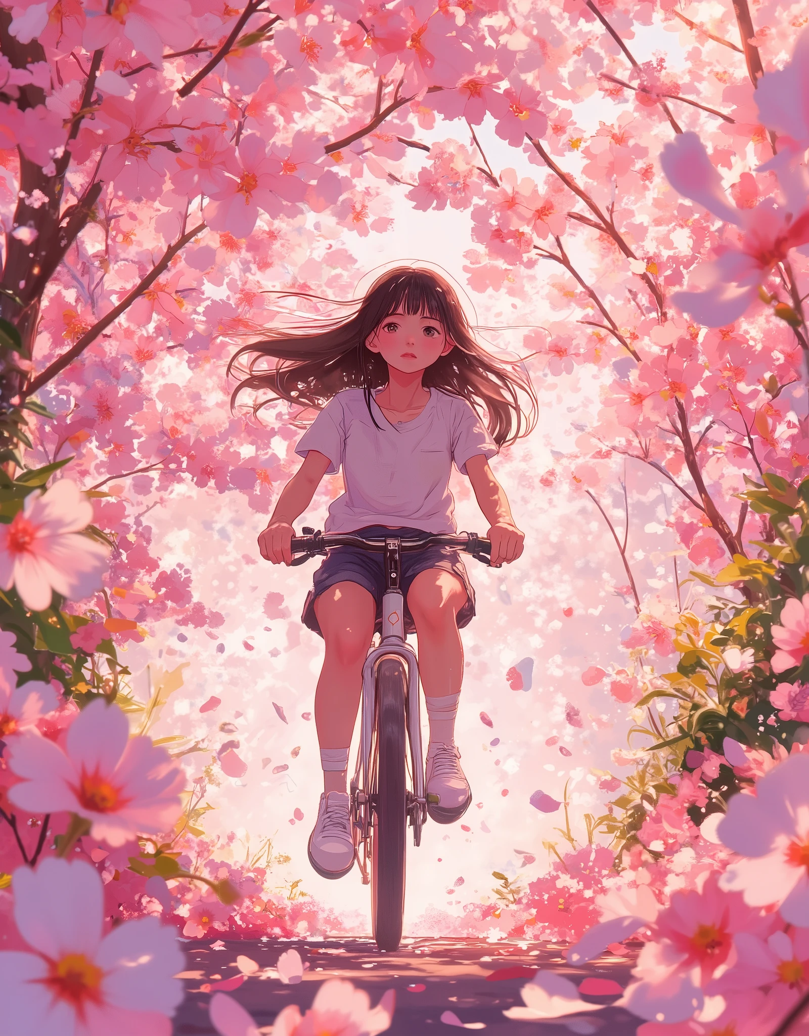 An anime-style illustration of a girl running through a cherry blossom tunnel on a bicycle,An anime-style illustration of a girl running through a cherry blossom tunnel {x} A warm pink glow through the path drops,A gentle breeze blows and countless cherry blossom blizzards dance fantastically,the girl's hair flutters in the wind、pedals with a smile and determination,The viewpoint emphasizes the sense of speed and dynamism from a slightly lower angle,background is slightly blurred,Cinematic and nostalgic,captures a moment of spring full of energy