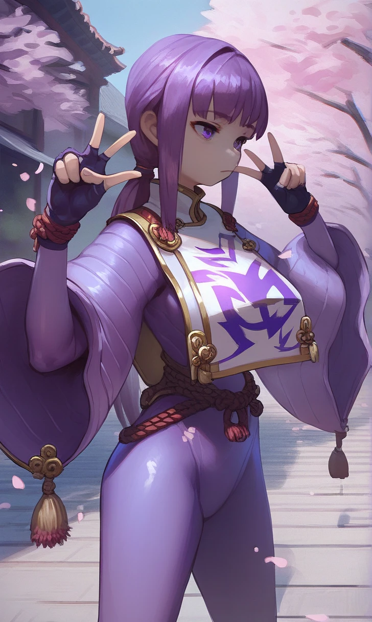 masterpiece, best quality, extremely detailed, 1girl, mature female, solo, (colored skin, grey skin), jeloibukicheer, double bun, parted lips, (((kimono, floral print, pantyhose))), ((light smile), closed mouth), ((hands on own hips, forest))