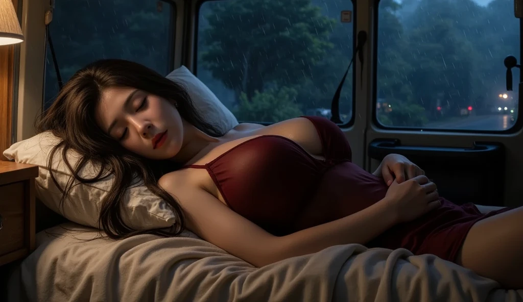 pretty asian girl, bikini, sleeping in the camper van, night, no light