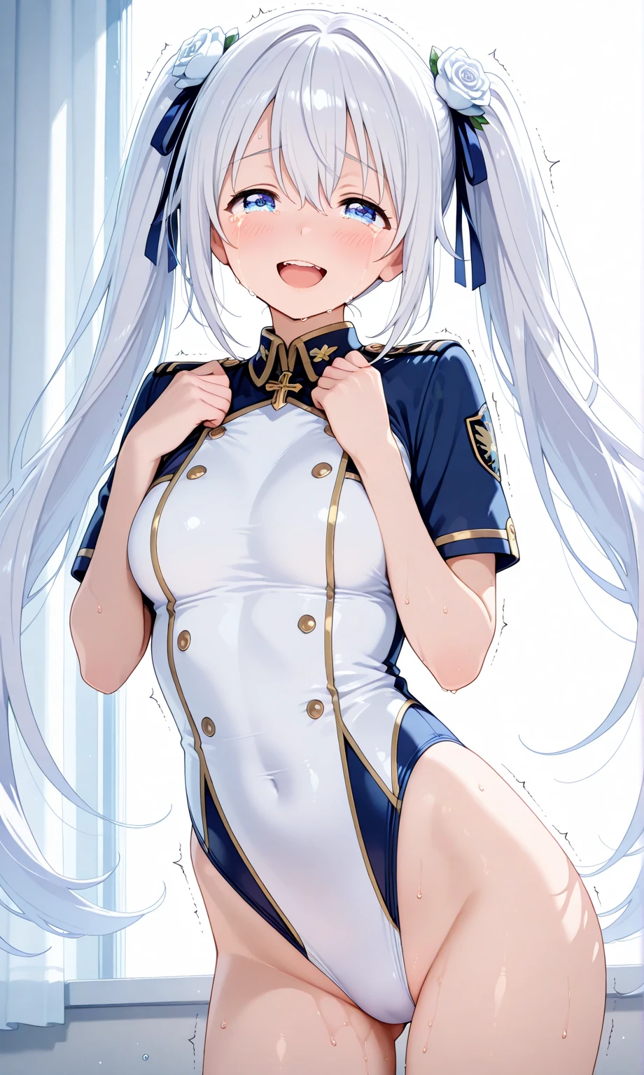 Island Breeze、blush,smile、Silver Hair、Combat Uniform、Sailor suit、Primary school students、The back is very small、Lolita、Small breasts、Please show me your armpits、exterior: 14 years old、Shoulder Bare、The clavicle is visible、Sexy thighs、Beautiful feet、Usual hairstyle、highest quality, High resolution, unity 8k wallpaper, (shape:0.8), (Beautiful and beautiful eyes:1.6), Highly detailed face, Perfect lighting, Extremely detailed CG, (Perfect hands, Perfect Anatomy),