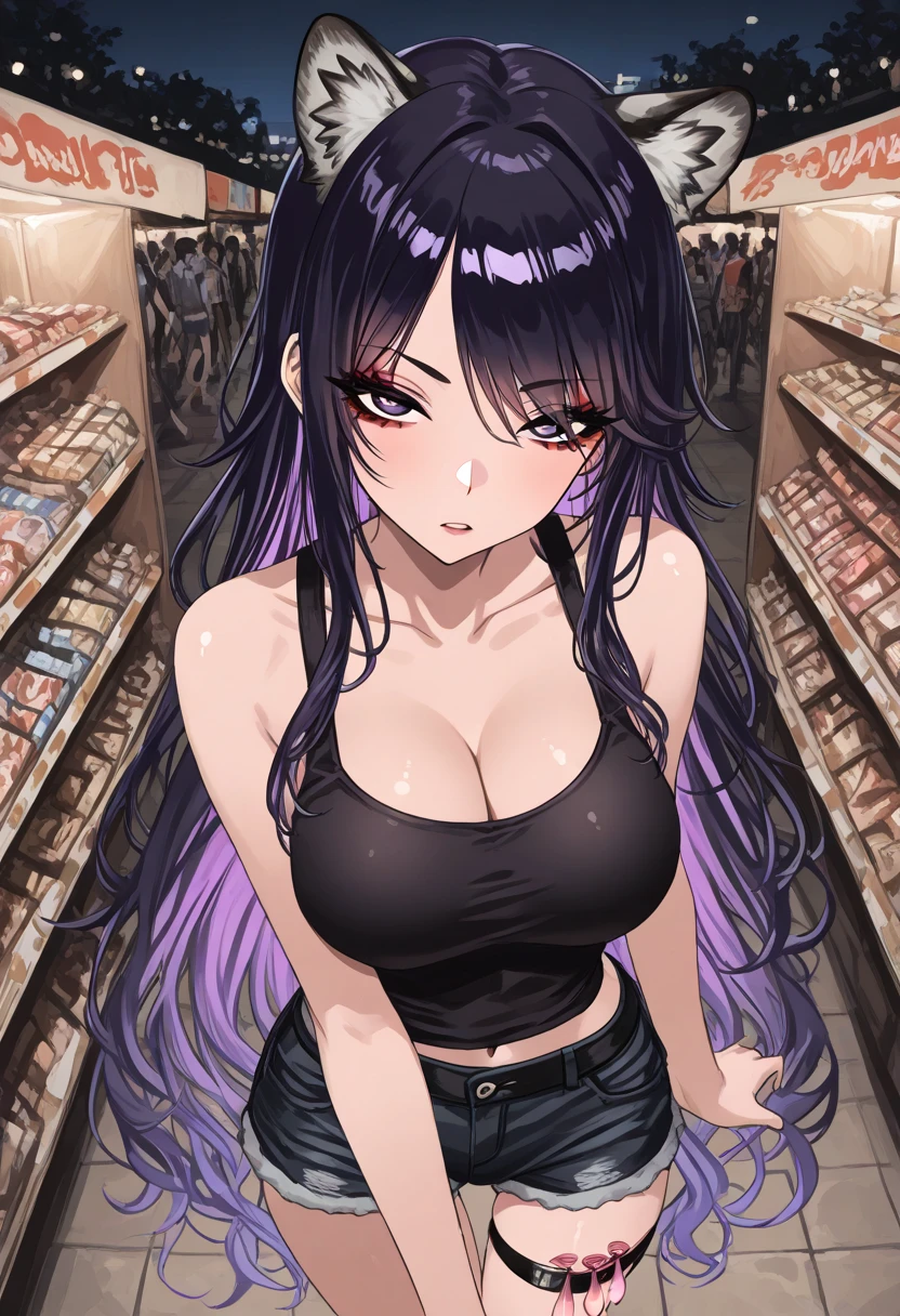 beautiful woman, Whole body, dark purple hair, Long hair, split pompadour, red necklace, blue eyes, ELEGANT DRESS, bare legs, bare arms, sitting on the floor, one knee on the chest, bottom, super market department store.
