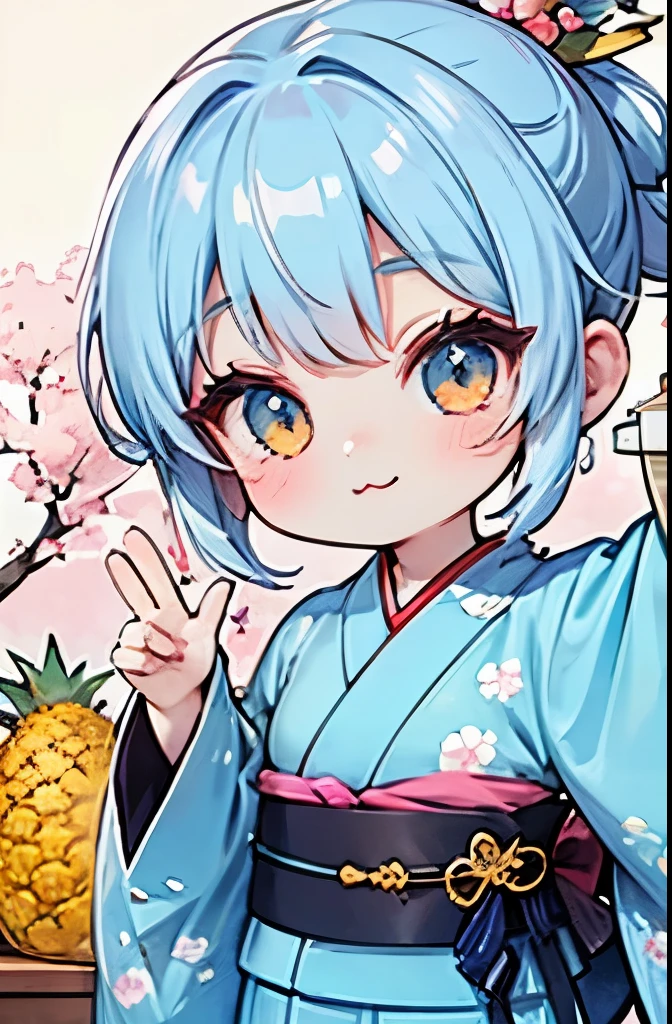 (Chibi Characters、新鮮な pineapple 、 pineapple の模様、美しい pineapple :1.3)、Best angle、Maximum Impact、Maxism、Vivid contrast、high resolution、super detail、absurd、accurate focus、(Chibi Body、Light Blue Hair Color、Short chignon hair、 sharp face、almond-shaped eyes、highly detailed eyes、golden eyes、:3、stupid hair:1.4)、Carefully drawn fingers先、Human hand、Carefully drawn fingers、Shiny Skin、thin、thin太もも、head from the side、thin脚、(Charming kimono:1.5)、Amazing Scenes、Gallery worthy、very small breasts、forward leaning posture、 pineapple 、Cherry Blossom Park Location、Cherry Blossom Viewing、playful little sister、Eye catching 、selfie style、Underwear I saw by chance