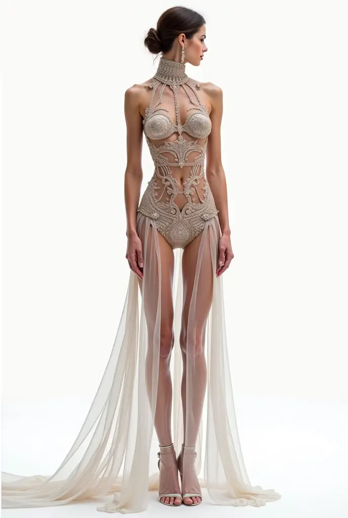 ((Masterpiece)) standing (((sheer party dress))) ((high-slit)) portrait of (Gigi Hadid:1.1) as a Arabian slave concubine in the style of ((Sean Archer Photographer)) standing in front of (solid grey background:1.3) and facing the camera, (nipples), ((no panties)), ((pubic hair)), Josh Ryan photography, Unreal Engine 5, torso, (standing with legs apart), thigh gap, toned, fit, ultra detailed, detailed labia, skin texture, skin pores, hyper realistic, perfect face, perfect eyes, same eyes, 8K, HDR, muted colors, clamshell lighting, global illumination, wind blown hair