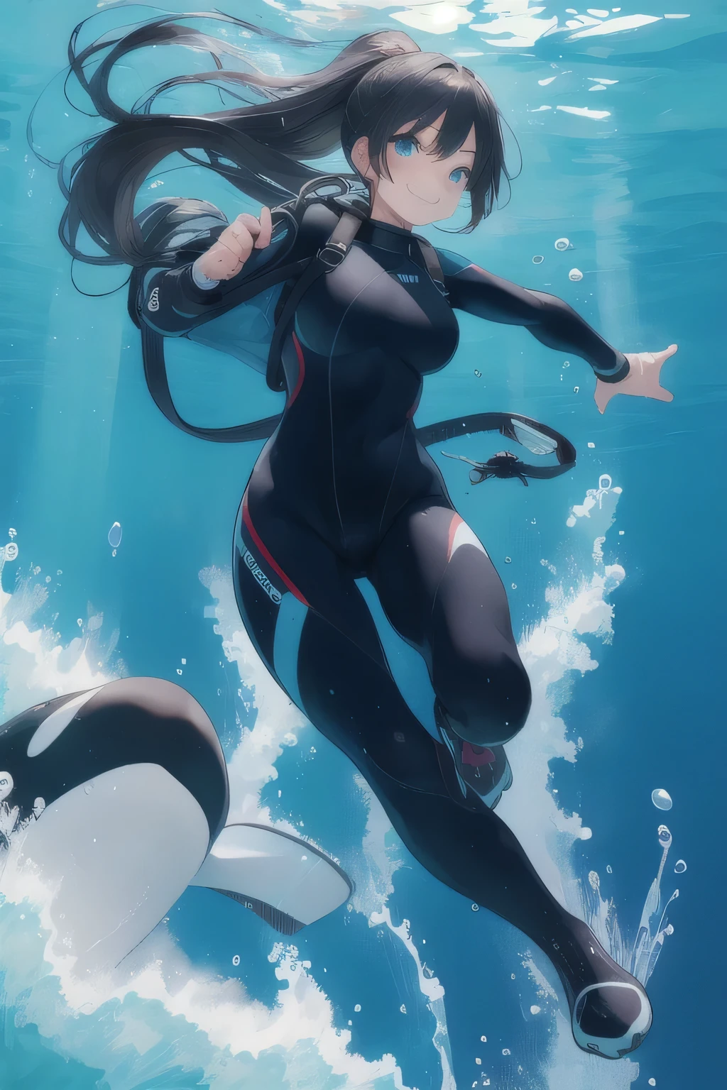1girl,scuba diving with orca, huge orca:1.5, diving suit, diving mask, diving regulator, oxygen tank, flippers, aquatic life, ponytail, black hair, long hair, blue eyes, cheer smile:1.3, underwater, swimming, strong light