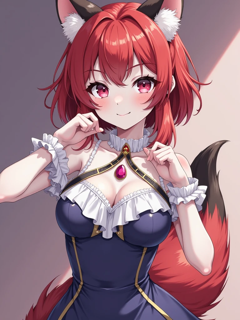 a redhead woman, very long hair falling to butt height. She is wearing a purple blouse that highlights her large breasts.. She has red fox ears, with the inside of the ears in light pink, and a red fox tail with a light pink tip. Only his left arm is completely tattooed. She has fair white skin and a slim body with blue eyes.