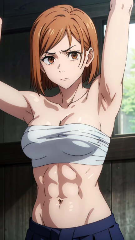(Best Quality, masterpiece, High resolution, anime screen cap, anime colours), Orange hair, Nobara Kugisaki, Lewd Face:1.3, (large full breasts:1.5), cleavage, (Thin fabric, White Sport Bra:1.8, no-bra:1.5), Slimed, Leaning forward, Upper body, Bedrooms, (Perfect Anatomy, perfect detailed body, Eyes and hair in beautiful detail, Beautiful breasts and skin), armpits, armpits visible,