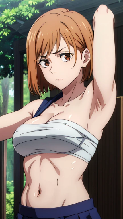 iroha isshiki, masterpiece, highres, solo, 8k, detailed, perfect face, best quality, (ultra high quality), (looking at viewers), (armpit), collarbone, bare arms, bare shoulders, small breast, cleavage, brown hair, flaxen hair, short hair, red ribbon, brown eyes, belly, stomach, navel, abs, sarashi chest, bandaged breast, (red hakama), slim body, upper body, closed mouth, blush, at forest, hand up
