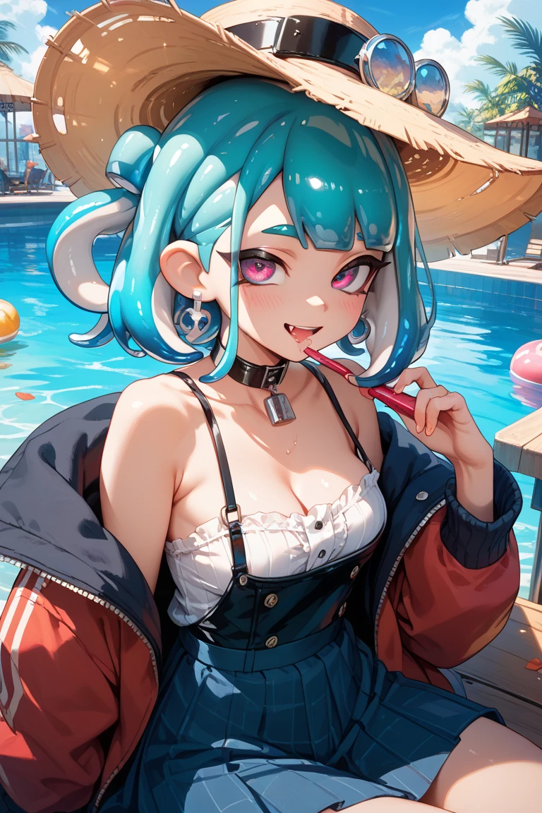 masterpiece, best quality, highres, 1girl, solo, long hair, multicolored hair, blue hair, pink hair, ponytail, sidelocks, bangs, horns, visor cap, pointy ears, earrings, red eyes, colored skin, grey skin, body markings, large breasts, choker, clothing cutout, one-piece swimsuit, wristband, <lora:ibuki_douji_(fate)_v1:0.7>, waving, indoors, living room, sofa, sitting