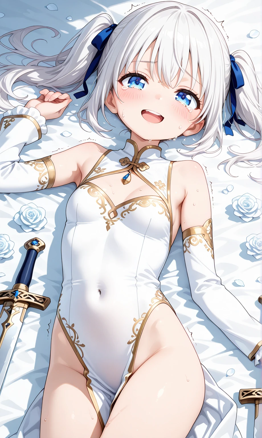 (Masterpiece, Slim Body, Delicate Fingers: 1.2), Best Quality, (Illustration: 1.2), (Hyper Detail), Eye Focus, Ultra Detail, (Fine Detail), (Intricate Detail), HDR, (Ultra Detail: 1.15), (Soft Light: 1.2), 1girl, (bikini armor:1.5), (pelvic curtain:1.5), (White hair and blue highlights),cyan eyes, medium, short hair, solo, (medium breasts:1.2), masterpiece, (blushing:1.3), best quality, highly detailed, (loli:1.5), fullbody image, kwaii, (crotch rub:1.5), (table humping:1.5), (table masturbation:1.5), (panting:1.2), (blushing:1.3), (moaning:1.5), (pussy juice:1.5), (wet pussy:1.5), (table:1.5), lifting, (perfect hands, perfect anatomy), (orgasmed face:1.5),