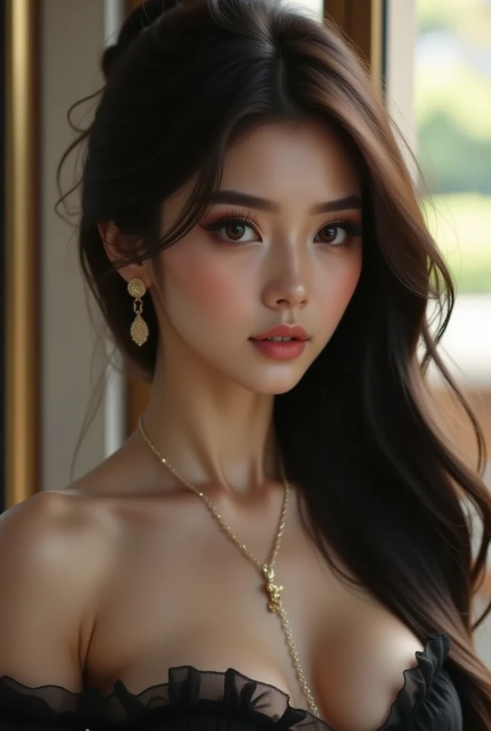 best quality,ultra-detailed,realistic,portrait,beautiful detailed eyes,beautiful detailed lips,young mixed race Asian Caucasian female,porcelain skin,flowing long dark hair,strong facial features,delicate and elegant,graceful posture,bokeh lights,intense gaze,vibrant colors,subtle shading,fine brushwork,digital illustration,single subject,soft diffused lighting,airy and dreamlike atmosphere.