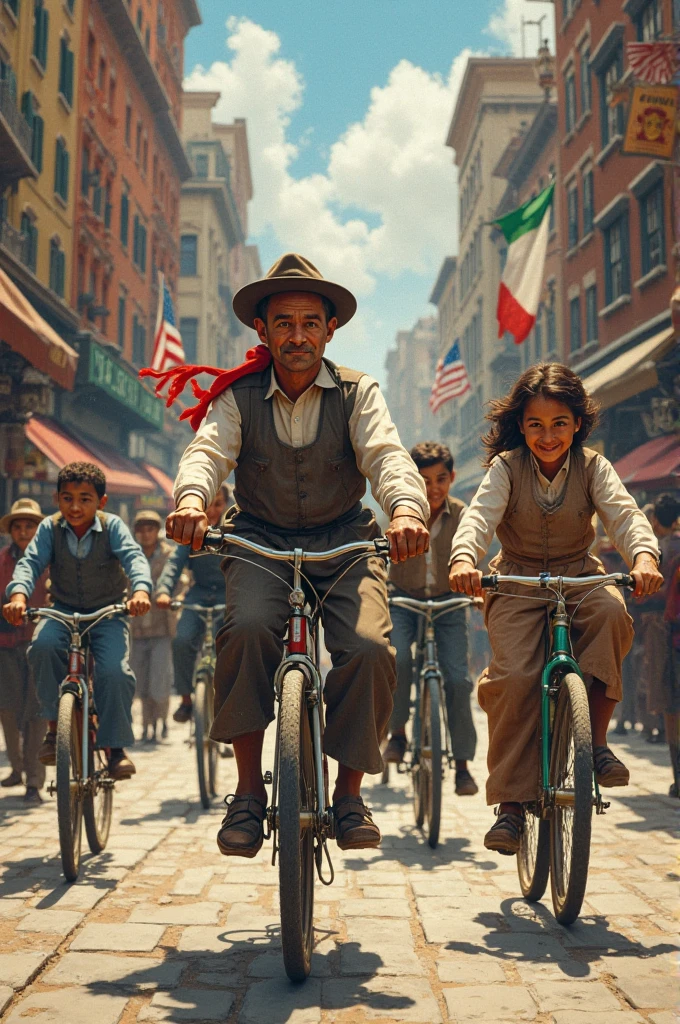 a group of Indian boys running behind a train on late 18th-century England streets:
Appearance: The boys are dressed in white shirts with sleeves rolled up slightly, wearing suspenders belts and peaky hats. Each boy has a look of excitement and determination on their faces.
Setting: The scene is set on the cobblestone streets of late 18th-century England. The train, partially visible and in motion, runs alongside the street, with elements like period-appropriate buildings, gas lamps, and market stalls in the background.
Action: The boys are captured mid-run, chasing the moving train with expressions of excitement and determination.
Background: The background includes historical elements such as Georgian or early Victorian architecture, gas lamps, and other street elements typical of late 18th-century England.
Perspective: A side view or slightly angled perspective that captures both the boys and the moving train, highlighting the energy and urgency of their movement through the cobbled streets.