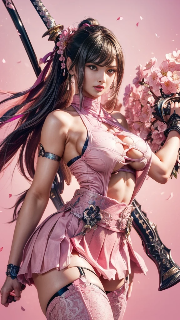 Very beautiful woman, Slender women、(Detailed face)、Realistic Skin, big breast, ((Holy Knight)), ((Black and pink platinum armor:1.9))、((((Extremely detailed and intricately decorated armor:1.1))))、((Delicate photo))，(Girl Astepeace RAW Photo Details:1.25), (Highest quality:1.6), (Ultra-high resolution:1.5), (Realistic:1.75), 8K resolution, Canon EOS R5, 50mm, Absurd, Very detailed, Cinema Lighting,((Fightfield))、((Fight))、(((Ultra micro mini skirt with white lace embellishment)))、Polka dot panties, High leg panties:1.2,Thigh-high socks, Shingard,((Light brown hair)), {floating hair} ,Long Hair, Cape、(((Has a huge weapon)))、(In combat)、The wind is blowing, floating skirt:1.5, ((Symmetrical armor))、(((Lead a large group of knights:1.2)))、banner、(((Battle Scenes)))、((Browsing Caution:1.2))、(((I can see her panties:1.4))), ((Skirt lift fluttering in the wind:1.4)),In the park with a fountain view:1.9,low angle full body shot:1.9,