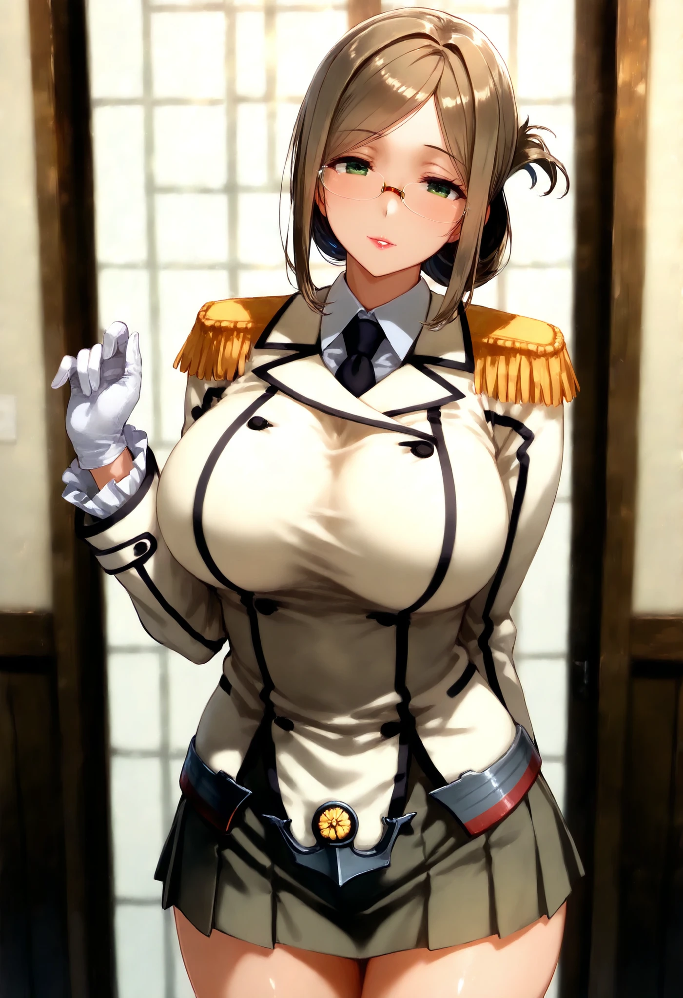 masterpiece, highest quality, High resolution, 100+girl, crowd, Identical sister, clone, uniform, Matching outfits, Long Hair, Curly Hair, ponytail, Matching hairstyle, Hazel Eyes, Brown Hair, Black tie, Blue ribbon, Brown Skirt, salute, smile, indoor, Cowboy Shot, whole body, barefoot, Black high heels、Nipples are visible