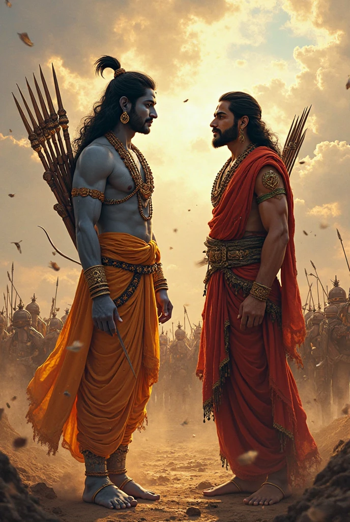 Lord krishna standing infront of Arjun in battlefield and lecturing him, dynamic lighting, mythology imagination