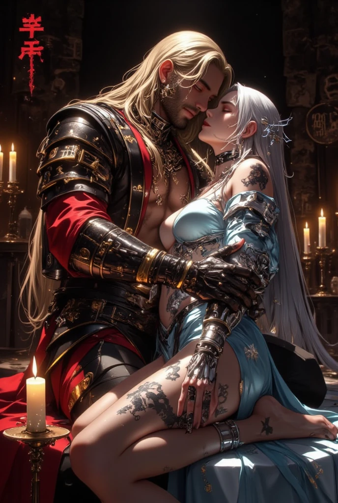Depicts a strong werewolf hugging a blonde girl,(((black humanoid wolf))),(((Black furry humanoid wolf))),(((Beautiful sexy girl))),(((Blonde girl))),(((Girls wear:Red dress,Manteau blanc,red head band, big bust bra, a skirt, red long skirt,laced dress))),((Sexual suggestiveness)),Correct anatomy,详细的脸, 詳細な目,(((the right proportions))),City at night,The lights are on,scene of serious conflict,a warm color palette,(post impressionist),(Fechin Oil Painting - Fechin Oil Painting , oil painted), 007
