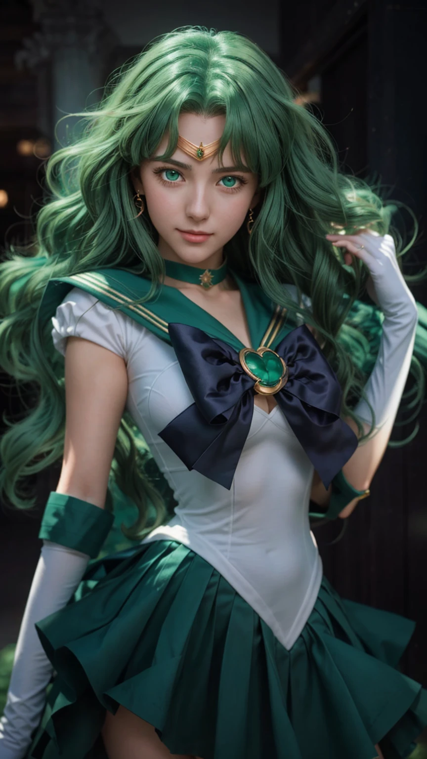 close-up, 1girl, sailor neptune, (sailor senshi uniform:1.2), (aqua eyes:0.9), dark green hair, medium hair, plead skirt, best quality, earrings, masterpiece, high resolution, intricate details, (( realistic )), photographic, (white elbow gloves:1.1), jewelry, Medium breast, full body, Dynamic background, dynamic posture,