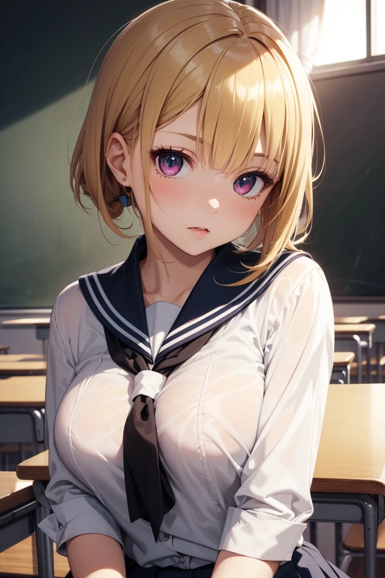 masterpiece, absurdres, best quality, ultra detailed, high Resolution, detailed illustration, bright colour, (extremely beautiful detailed face and eyes, Delicate beautiful face, 1 girl, cute face:1.3), (magenta eyes:1.1), sparkling eyes, big eyes, medium breasts, (perky breasts:1.1), (pointy breasts:1.1), medium hips, glamorous body, white skin, BREAK, long bob cut, (blonde hair:0.8), messy hair, detailed hair, shiny hair, BREAK (Sailor suit and machine gun, brassiere:1.3), perfect lighting, (embarrassed:1.3), (ecstasy, vulgarity:1.5), (trembling:0.8), classroom, Titty fuck, 